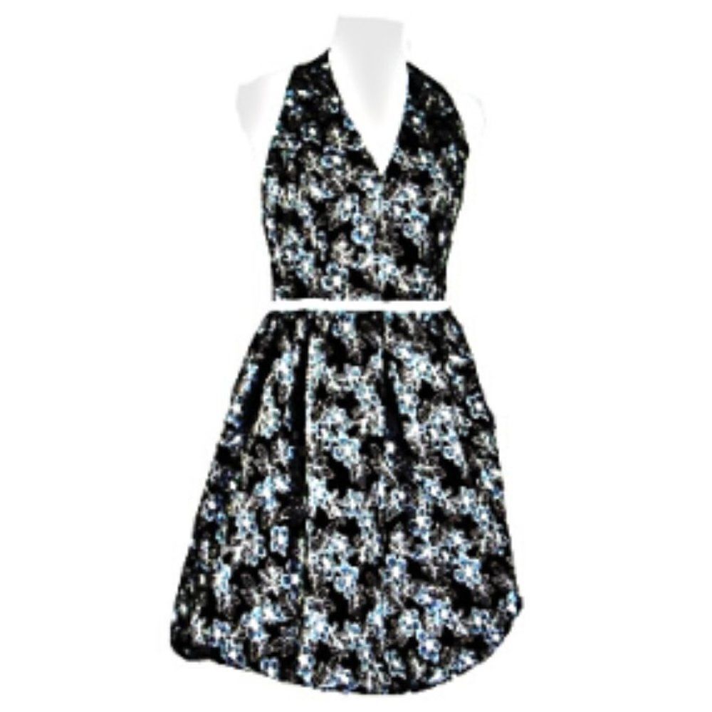 Dress Halter Knee Length Cottagecore Blue Jacquard Print Maggy London Women's 8